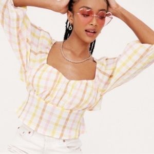 NWT Nasty Gal Check Puff Sleeve Open Back Top